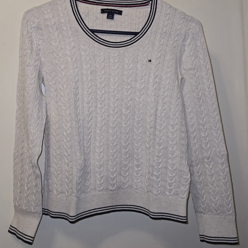 Tommy Hilfiger Women's Sweater Cable Knit Long Sleeve White Crew Neck SZ: SMALL